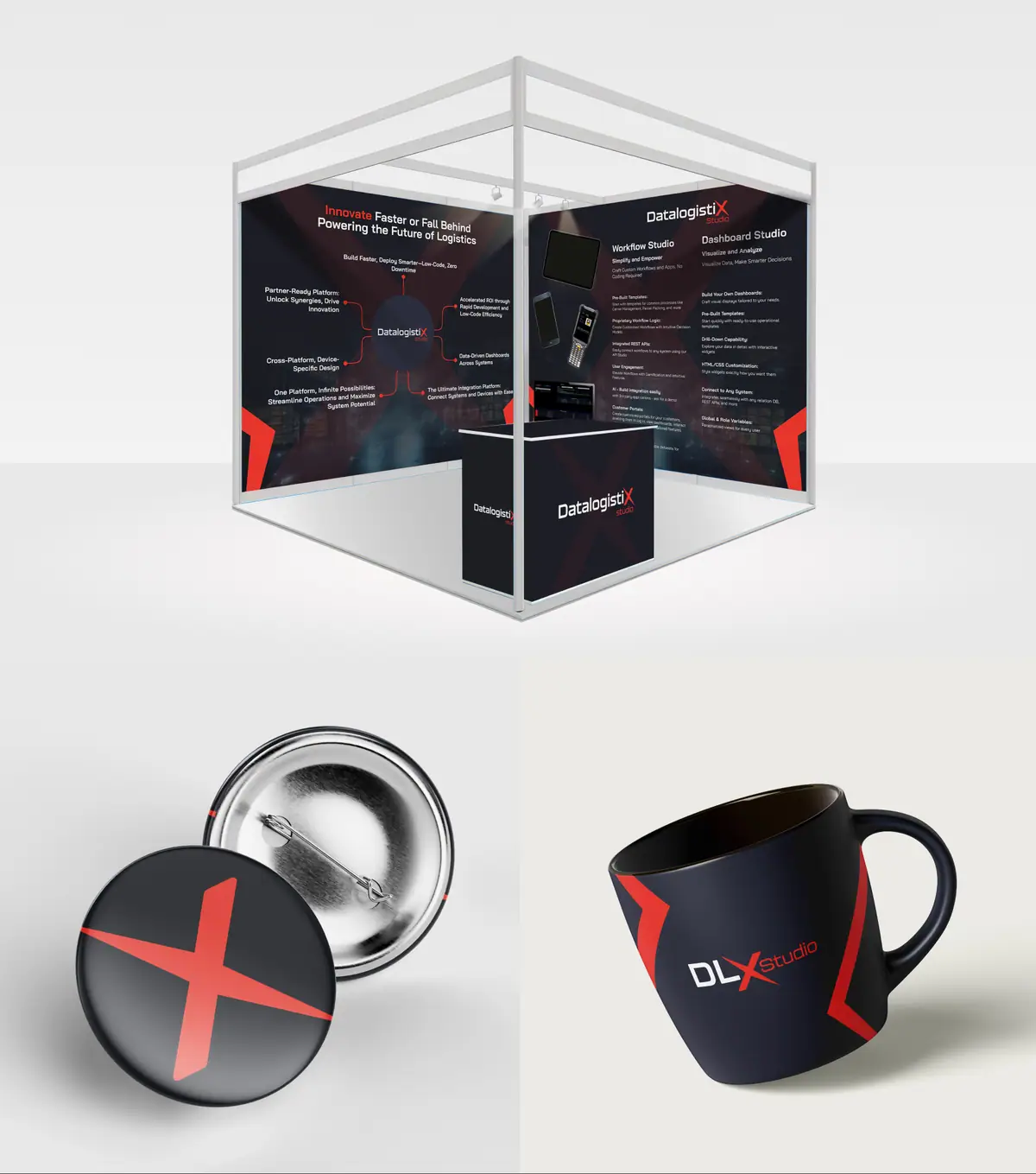 DataLogistix Studio: stoisko targowe z grafiką platformy, przypinka z czerwonym X i kubek DLX Studio