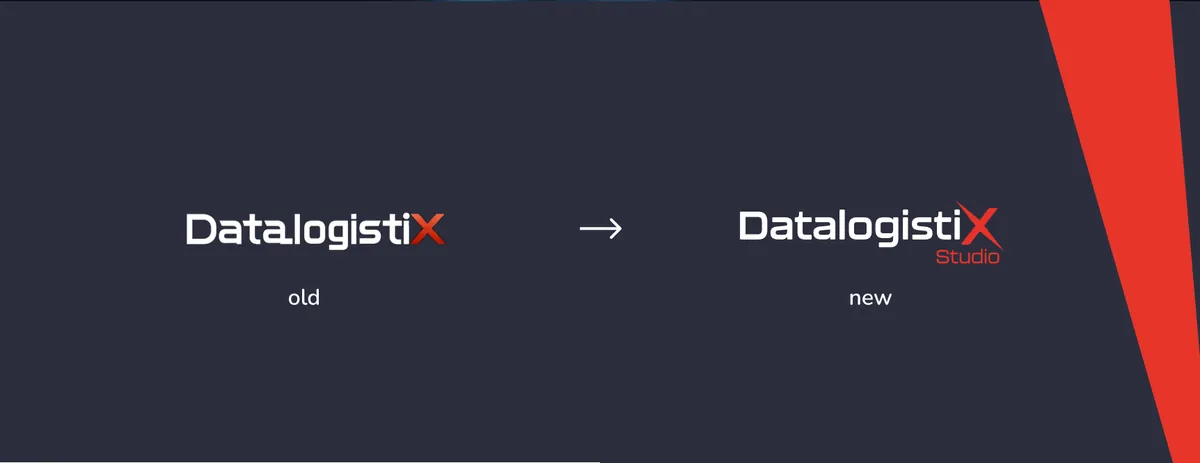DataLogistix Studio: porównanie starego logo DatalogistiX i nowego z dopiskiem Studio na grafitowym tle