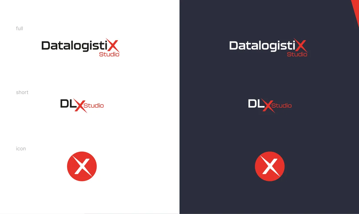 DataLogistix Studio: wersja pełna, skrócona DLX Studio i ikona X w czerwonym kole na białym i grafitowym tle