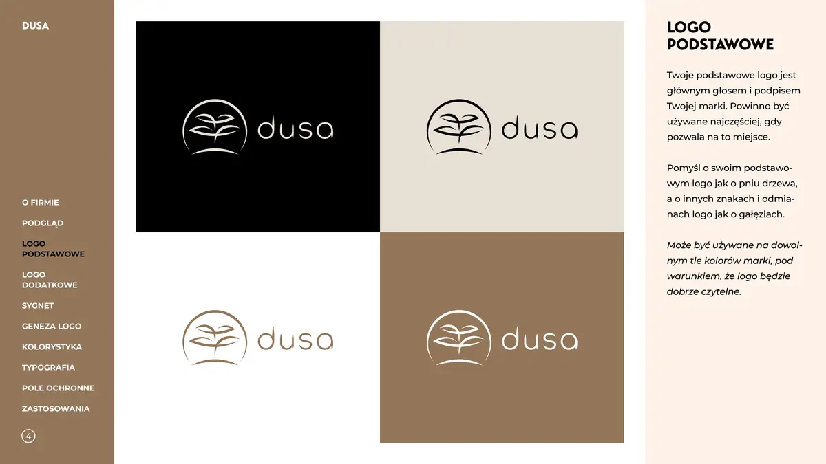 Dusa: logo podstawowe na czarnym, jasnobeżowym, białym i brązowym tle