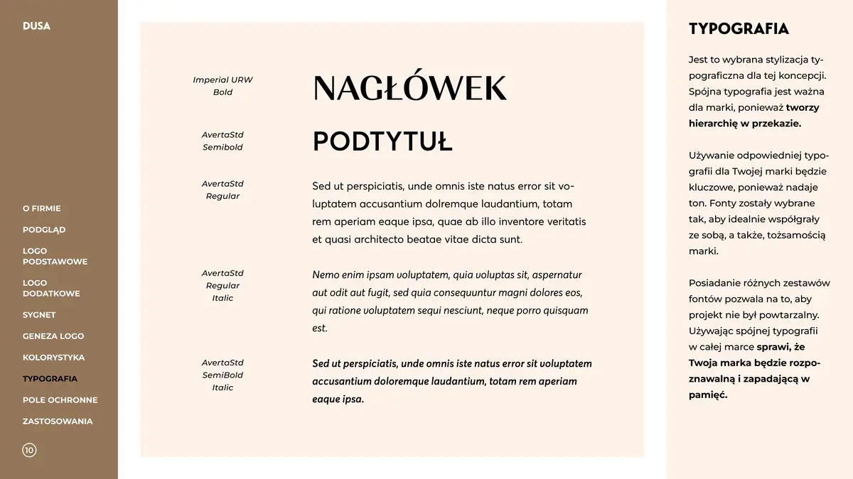 Dusa: typografia, nagłówek w kroju Imperial URW Bold i teksty w kroju Averta Std