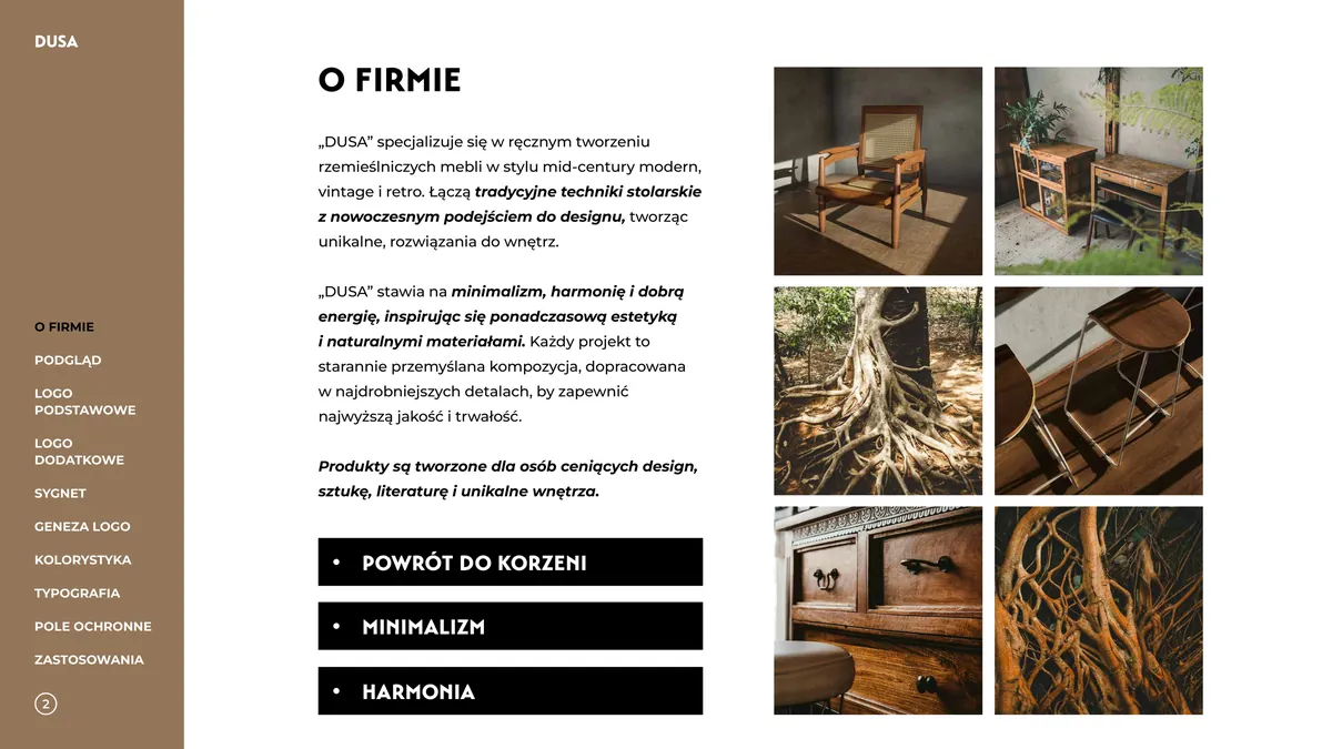 Dusa: strona O firmie o rzemieślniczych meblach mid-century, hasła Powrót do korzeni, Minimalizm, Harmonia i zdjęcia mebli