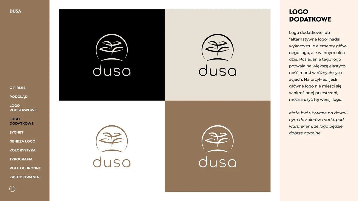 Dusa: logo dodatkowe w układzie pionowym, sygnet nad napisem dusa na czarnym, beżowym, białym i brązowym tle