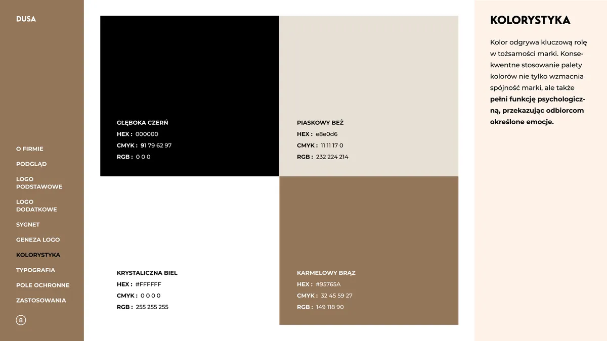 Dusa: paleta kolorów, głęboka czerń, piaskowy beż, krystaliczna biel i karmelowy brąz z kodami HEX, CMYK i RGB