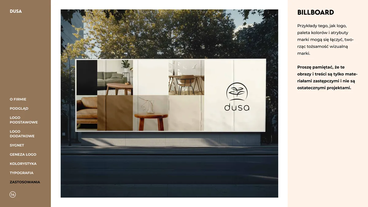 Dusa: billboard przy ulicy ze zdjęciami drewnianych mebli i logo na jasnym tle