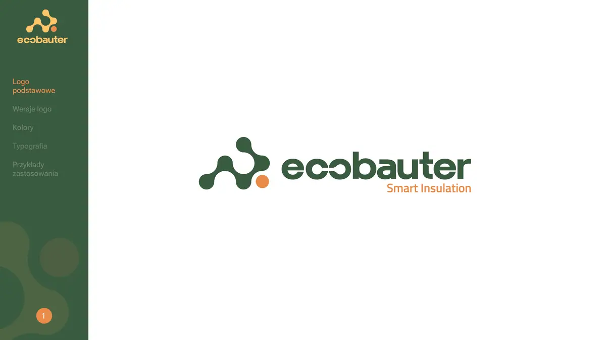 Ecobauter: logo podstawowe z zielonym sygnetem, pomarańczową kropką i dopiskiem Smart Insulation