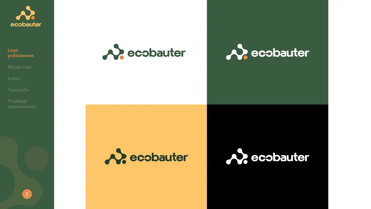 Ecobauter: logo w wersjach na białym, ciemnozielonym, żółtym i czarnym tle