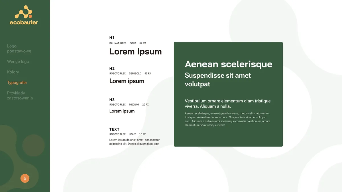 Ecobauter: brand typography, Bai Jamjuree Bold in headings and Roboto Flex in text on a green panel
