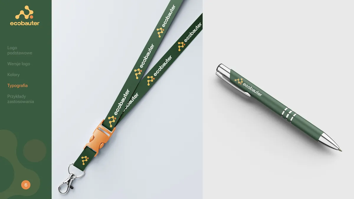 Ecobauter: green lanyard with brandmarks and an orange clip, and a green pen with a white logo