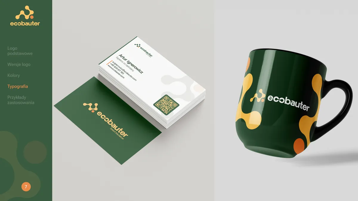 Ecobauter: białe i zielone wizytówki z logo oraz zielony kubek z żółto-pomarańczowymi kształtami molekuł