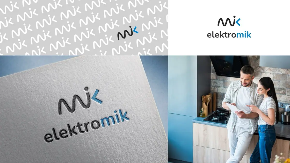 Elektromik: wzór z sygnetów, logo na bieli, logo tłoczone w papierze i para w kuchni z tabletem