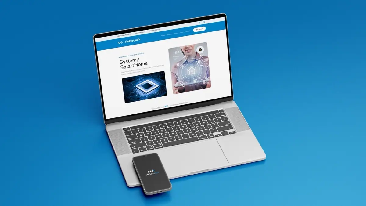 Elektromik: strona Systemy SmartHome w błękicie i bieli na laptopie oraz telefon