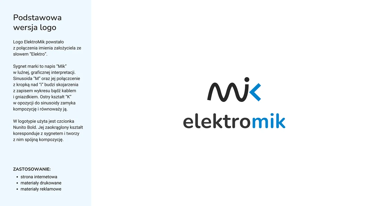 Elektromik: podstawowa wersja logo, sygnet mik nad napisem elektromik w graficie i błękicie z opisem znaku