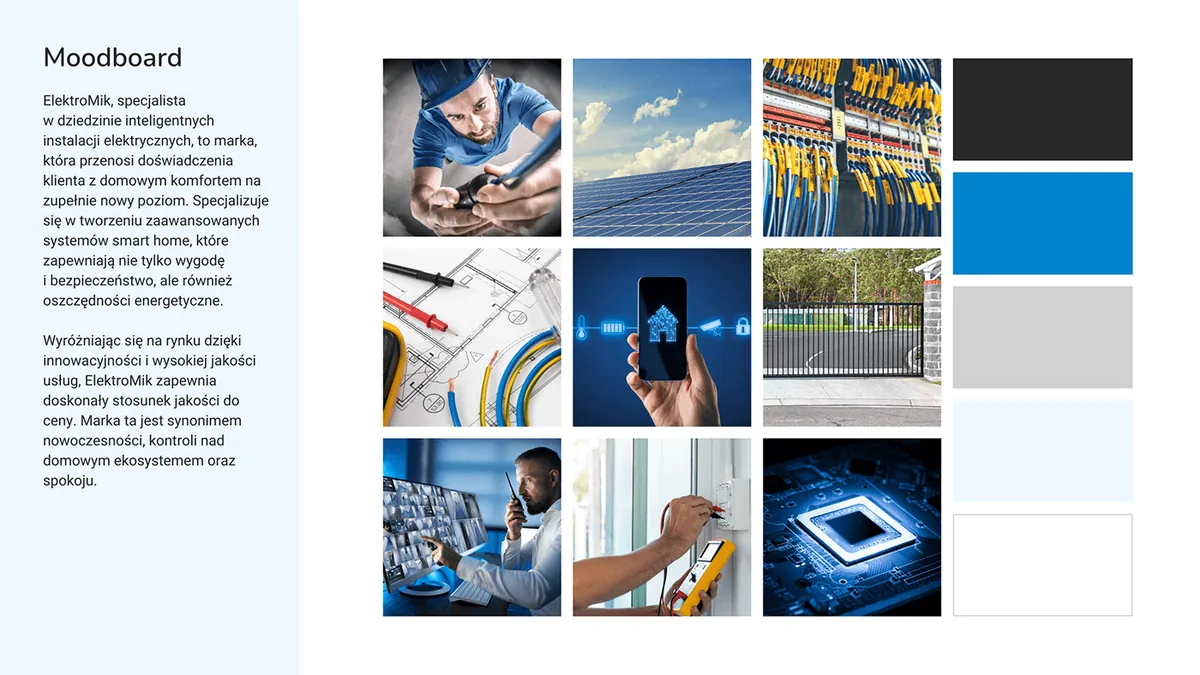 Elektromik: moodboard ze zdjęciami elektryków przy pracy, przewodów, inteligentnego domu i elektroniki oraz próbkami kolorów