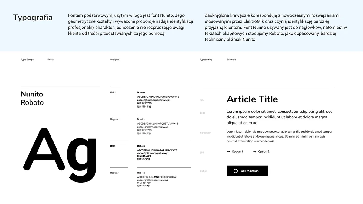Elektromik: typografia marki, krój Nunito w logo i nagłówkach oraz Roboto do tekstu z przykładem użycia