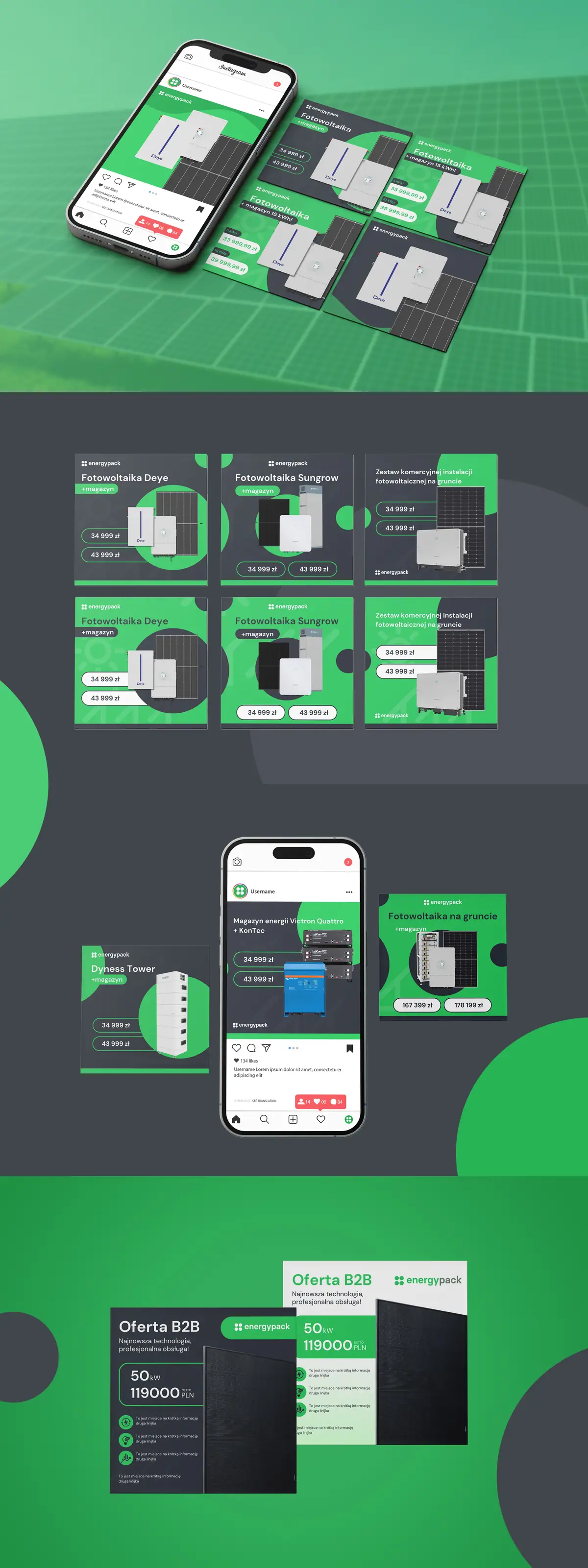 Energy Pack: zestawienie postów na Instagram o fotowoltaice i magazynach energii oraz grafik Oferta B2B