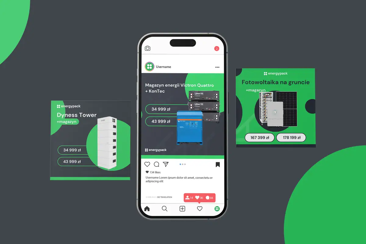 Energy Pack: post o magazynie energii w telefonie i dwa kwadratowe posty z urządzeniami i cenami