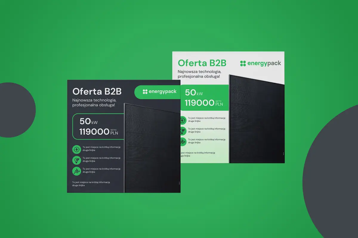 Energy Pack: dwie grafiki Oferta B2B, ciemna i jasna, ze zdjęciem panelu fotowoltaicznego