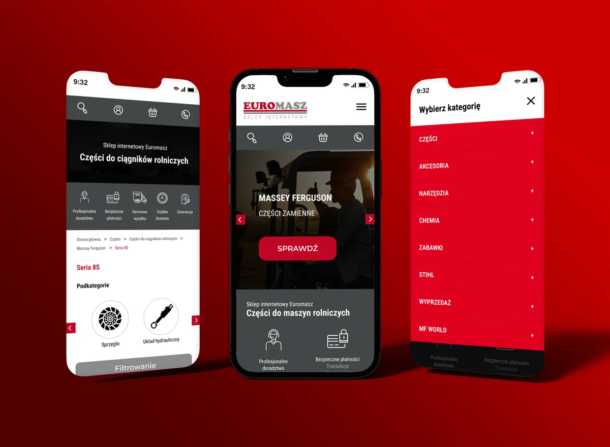 Euromasz: three phones with the mobile store, parts categories and the category selection menu on a red background