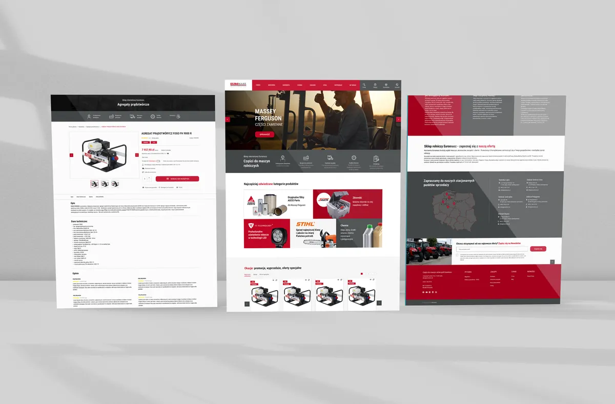 Euromasz: generator product page, home page and the About us subpage with a map of Poland on a gray background