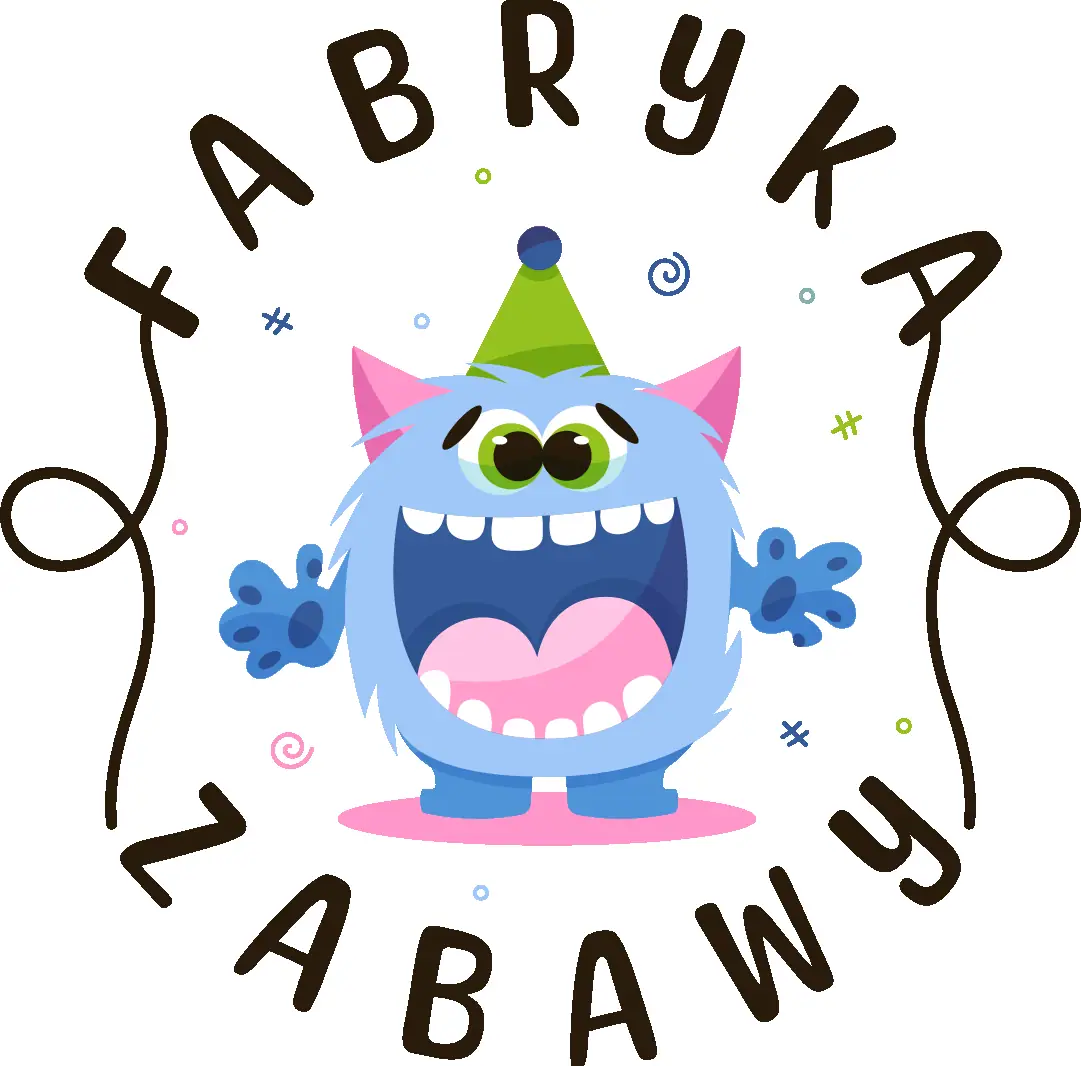 Fabryka Zabawy: logo z niebieskim potworkiem w czapeczce i napisem biegnącym po okręgu