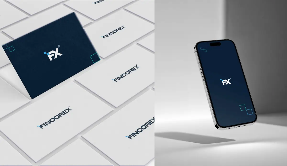 Fincorex: wizytówki granatowe z monogramem FX i białe z logo oraz telefon z monogramem na ekranie