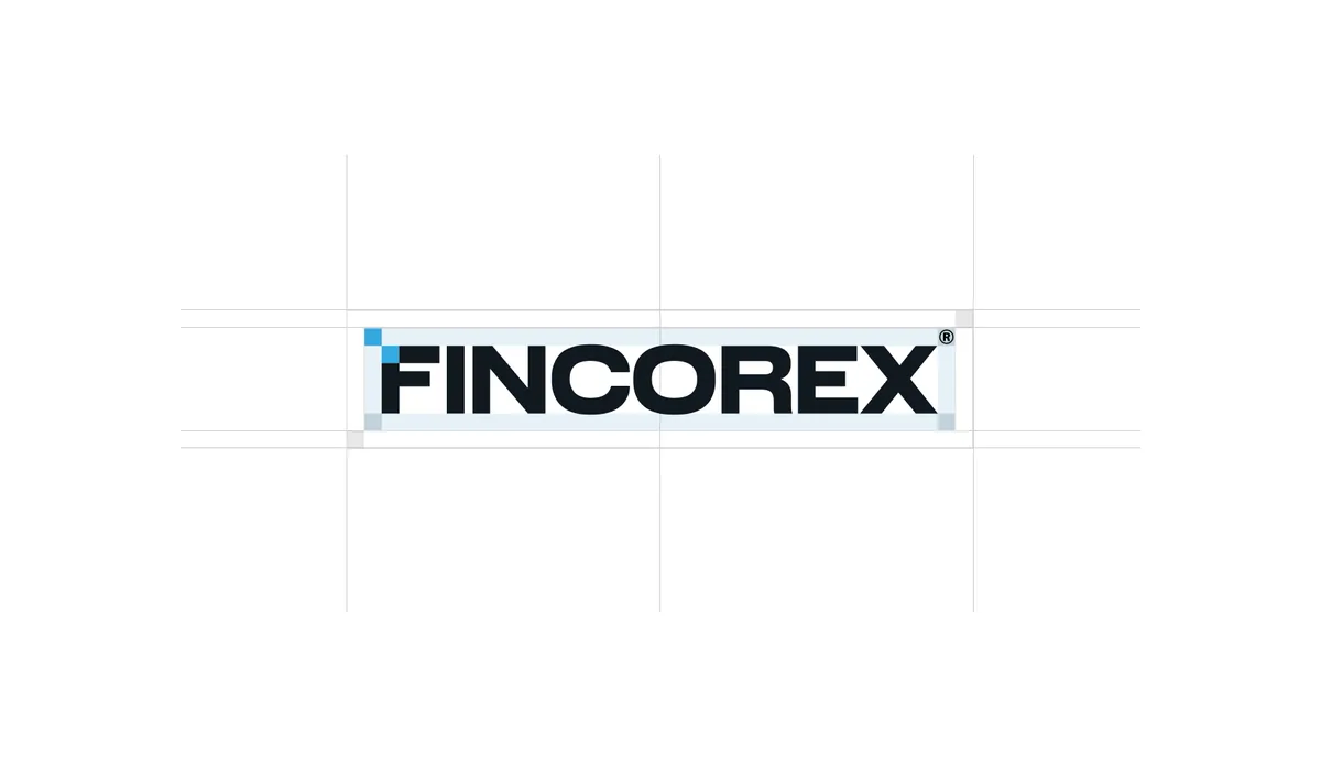 Fincorex: logo construction, a navy wordmark with a blue accent on a grid of guide lines