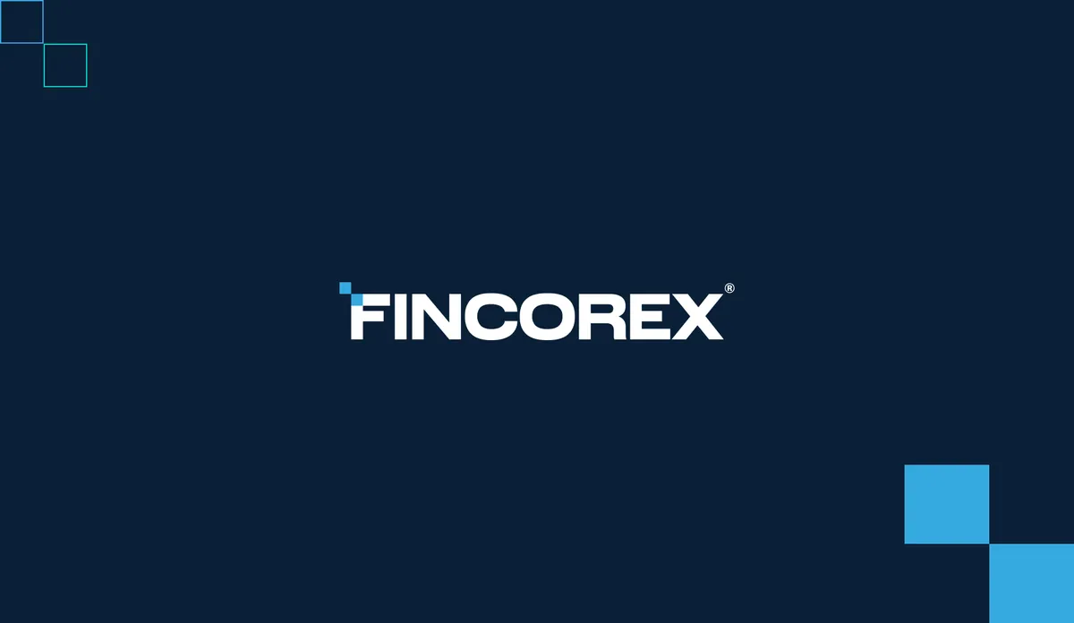 Fincorex: białe logo na granatowym tle z niebieskimi kwadratami w narożnikach
