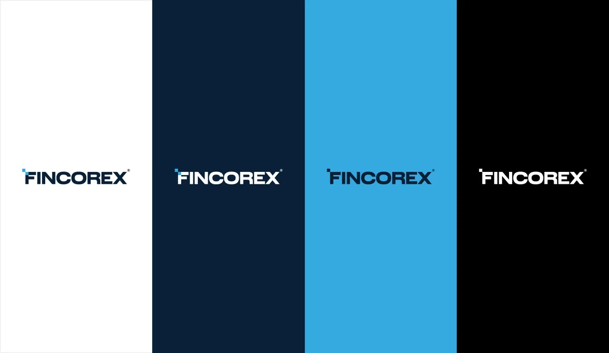Fincorex: logo in four color versions on white, navy, light blue and black backgrounds