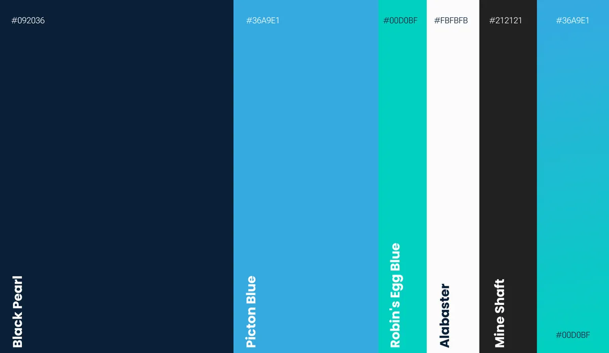 Fincorex: color palette, dark navy, light blue, teal, white, graphite and a light blue to teal gradient with HEX codes