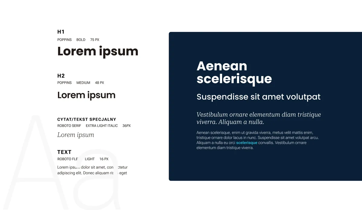 Fincorex: brand typography, Poppins Bold and Medium for headings, Roboto Serif for quotes and Roboto Flex for body text