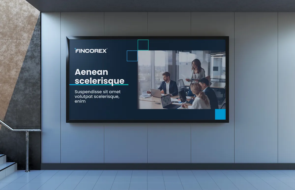 Fincorex: wall screen with a navy slide, the logo, a meeting photo and blue squares