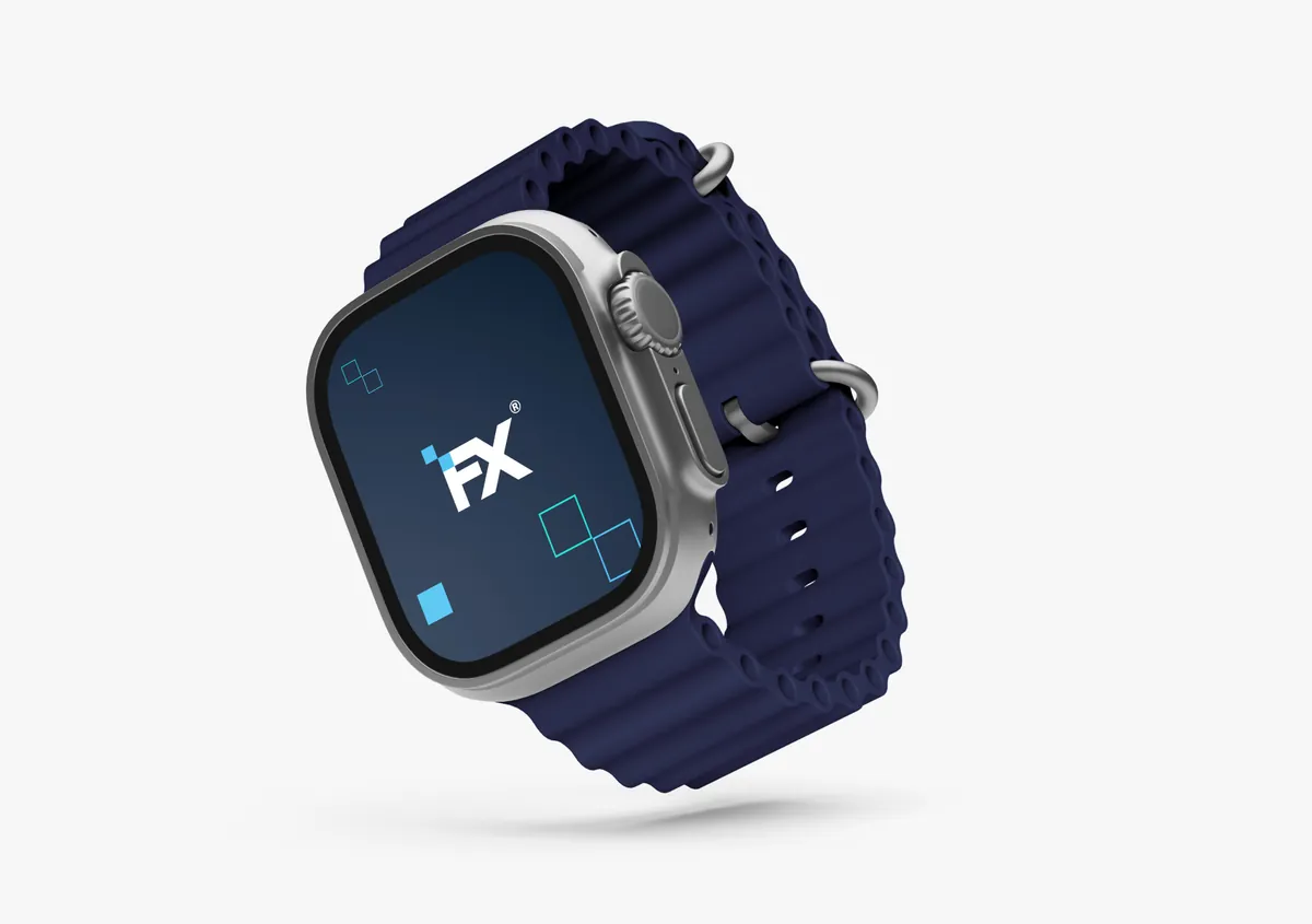 Fincorex: smartwatch with a navy strap and a white FX monogram on the screen, on a light background