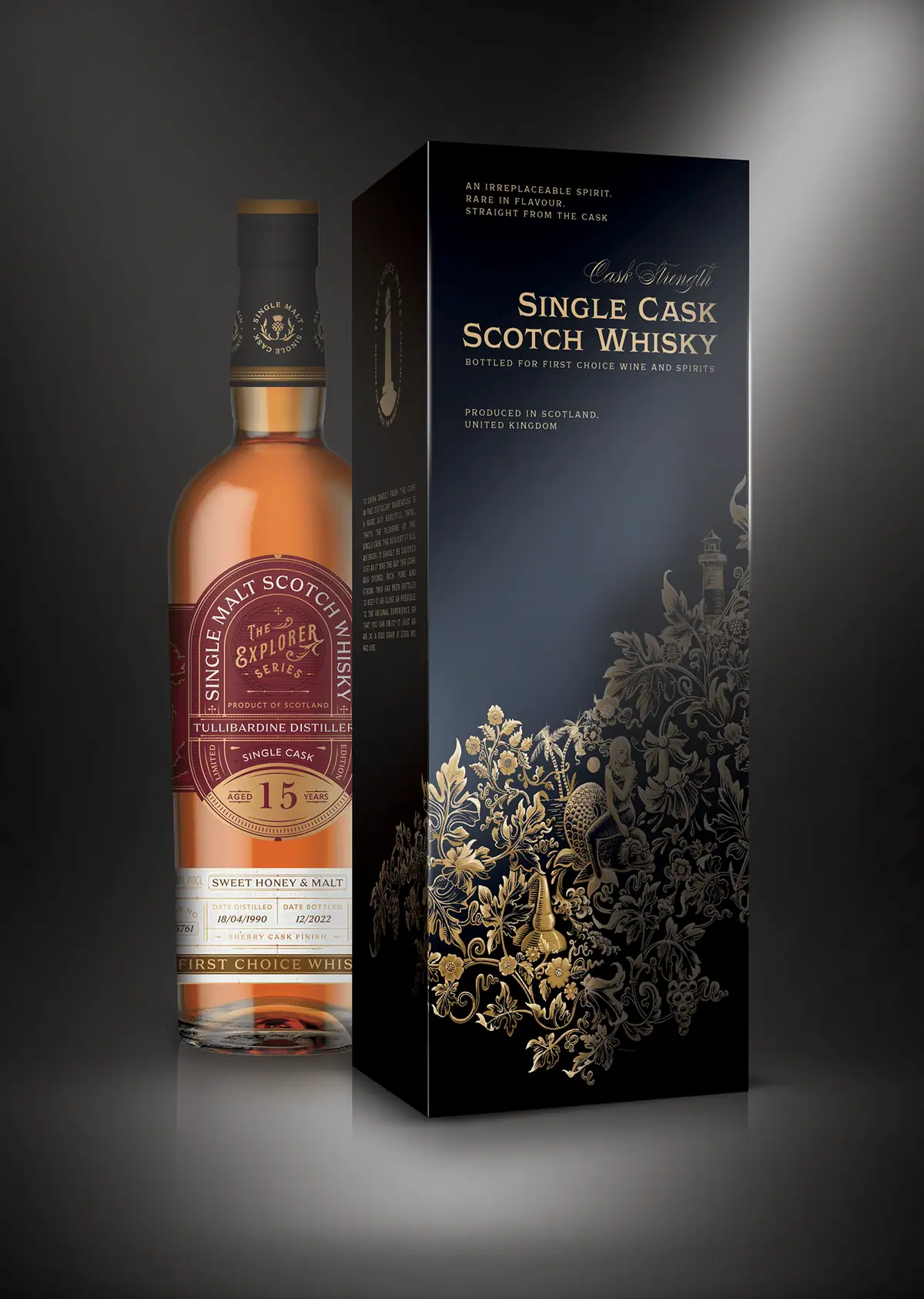 First Choice Wines: czarne pudełko Single Cask Scotch Whisky ze złotym ornamentem obok butelki whisky