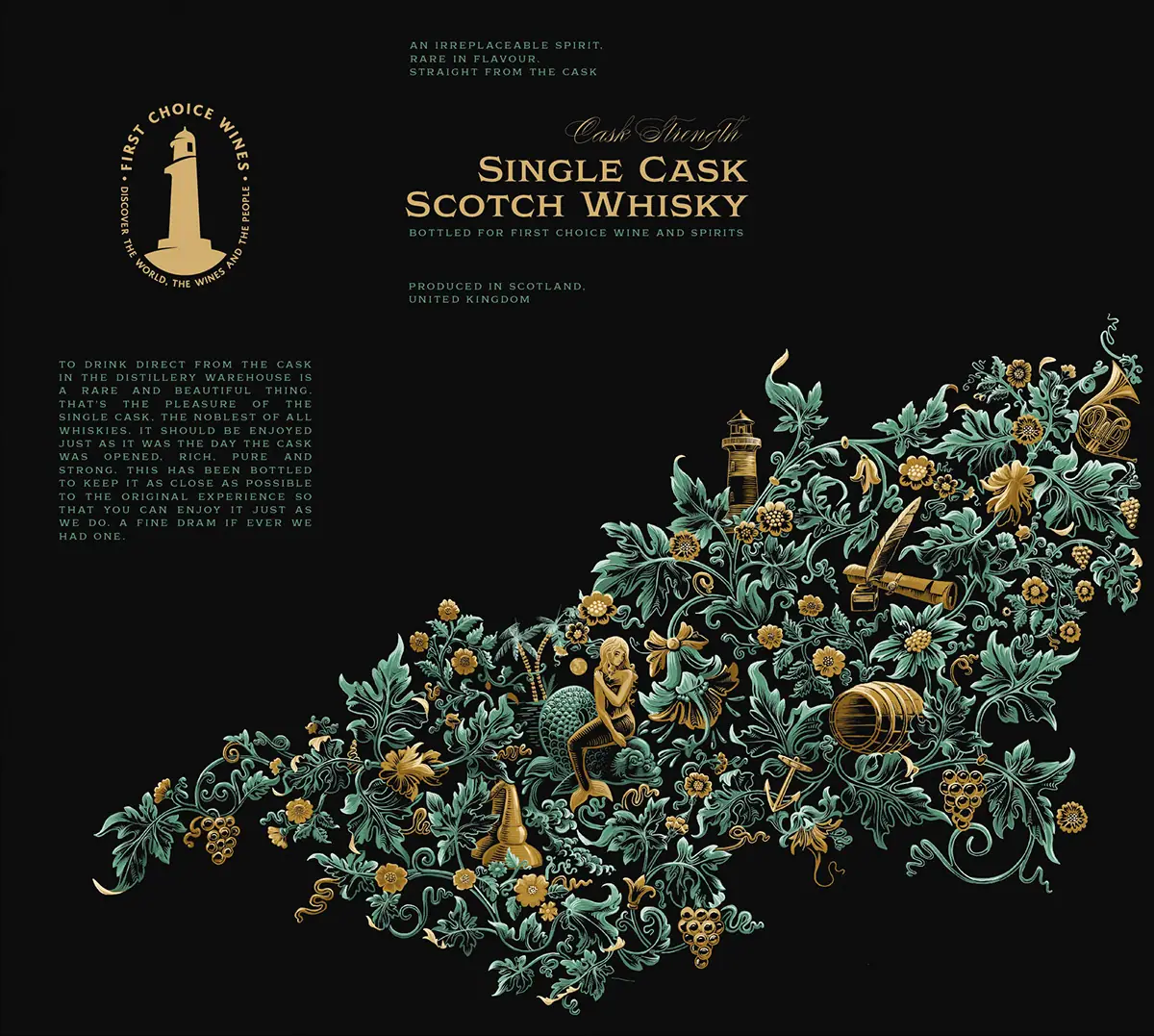 First Choice Wines: grafika pudełka z ornamentem z liści i winogron w zieleni i złocie na czarnym tle