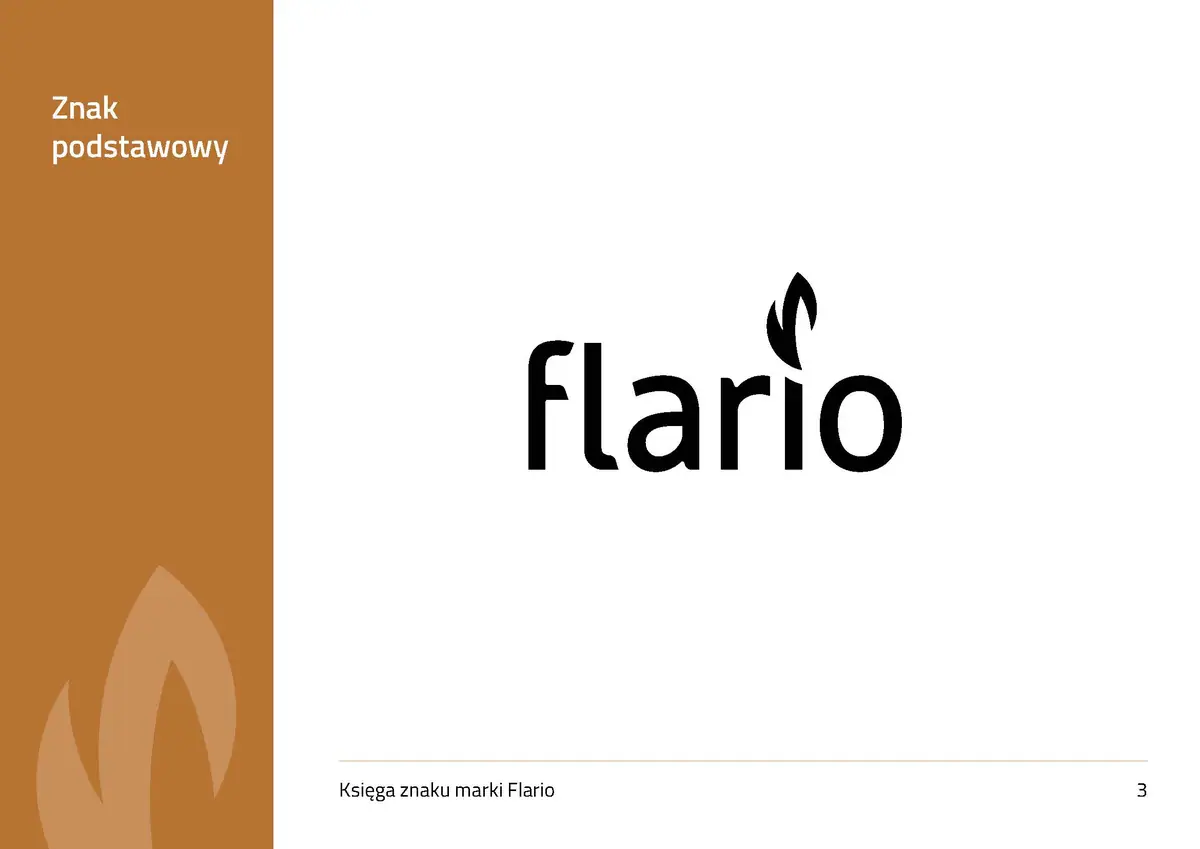 Flario: znak podstawowy, czarny napis flario z płomieniem nad literą i na białym tle