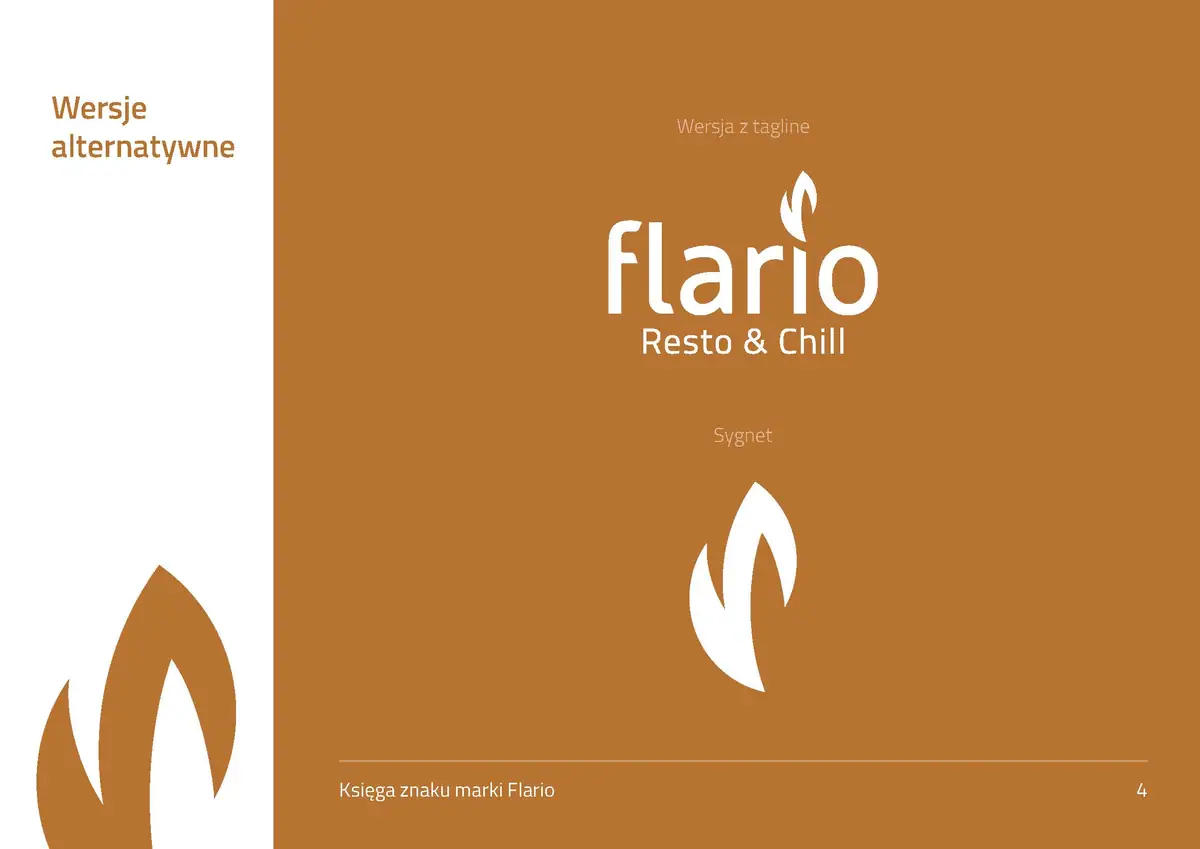 Flario: logo z hasłem Resto & Chill i biały sygnet płomienia na karmelowym tle