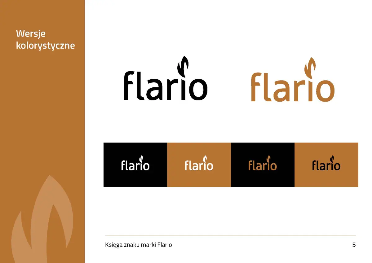 Flario: wersje kolorystyczne logo, czarna i karmelowa na białym oraz cztery warianty na tłach marki