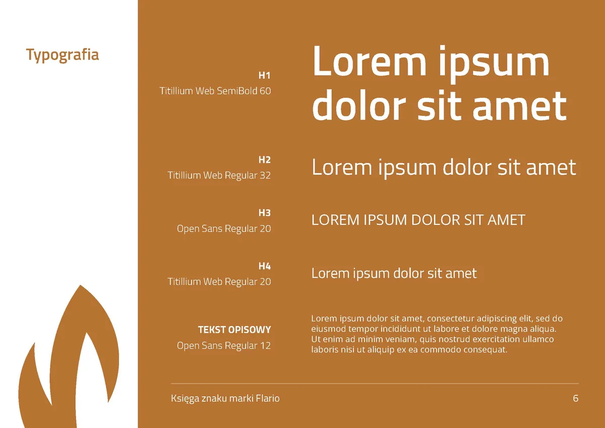 Flario: brand typography, headings in the Titillium Web typeface and body text in Open Sans on a caramel background