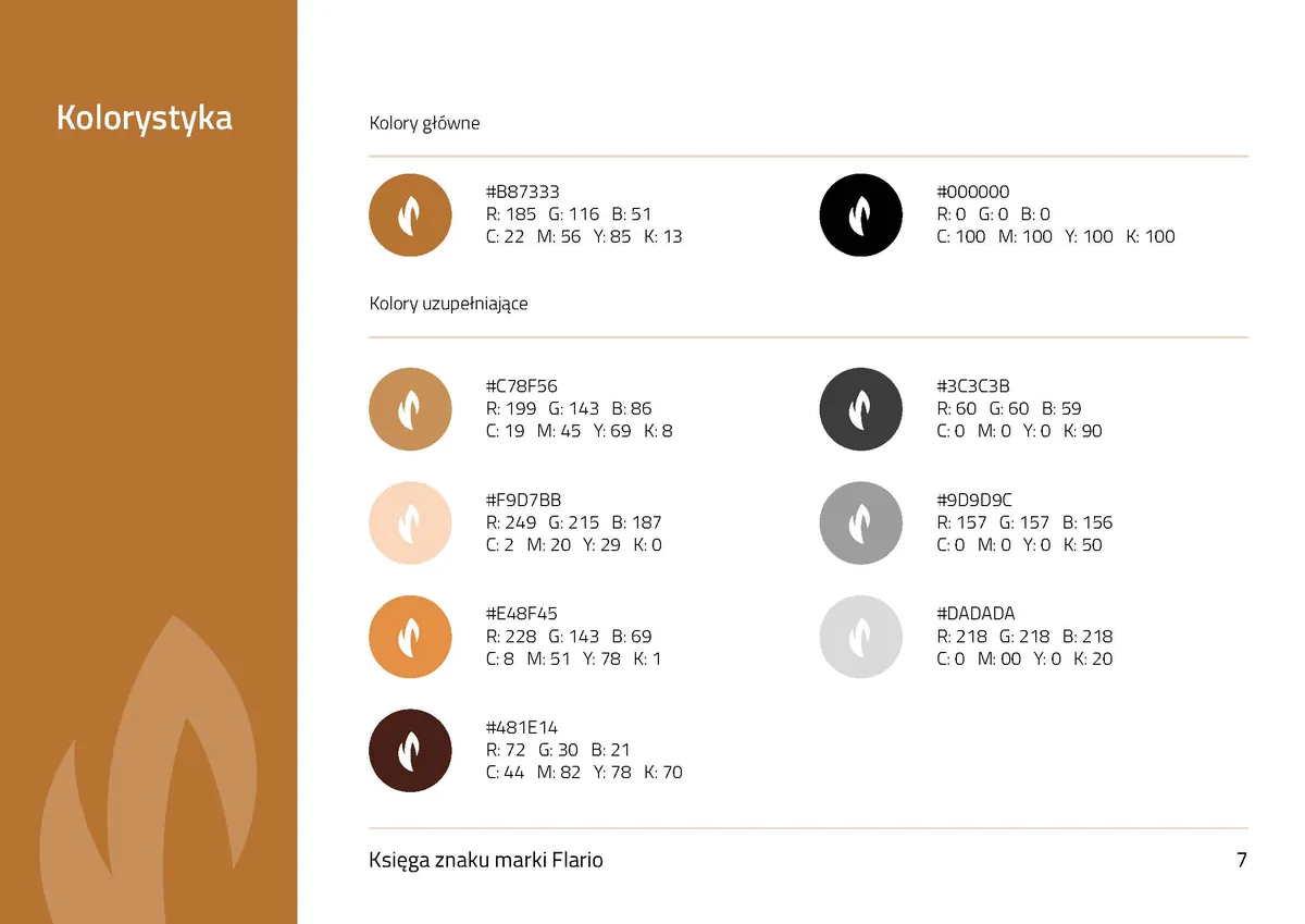 Flario: color palette, caramel brown and black as the main colors, plus light beige, orange, dark brown and grays with codes