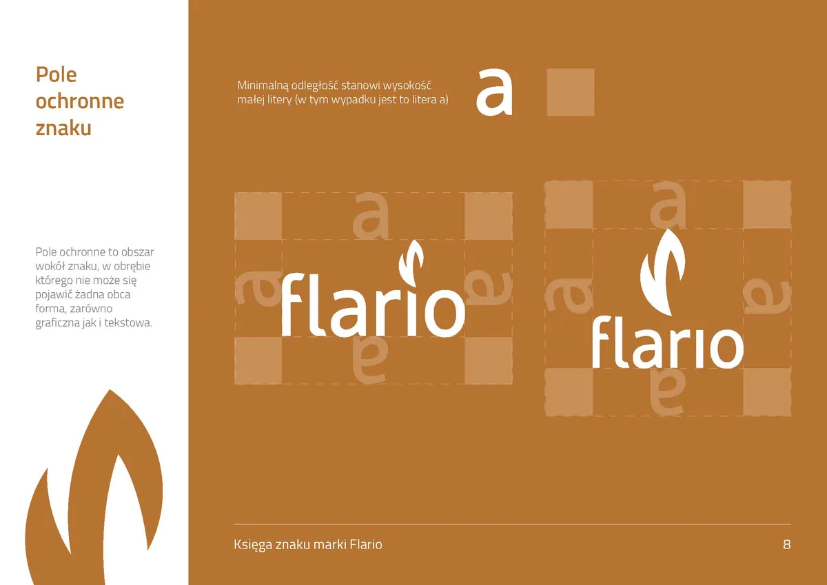 Flario: pole ochronne równe wysokości litery a wokół logo poziomego i pionowego na karmelowym tle