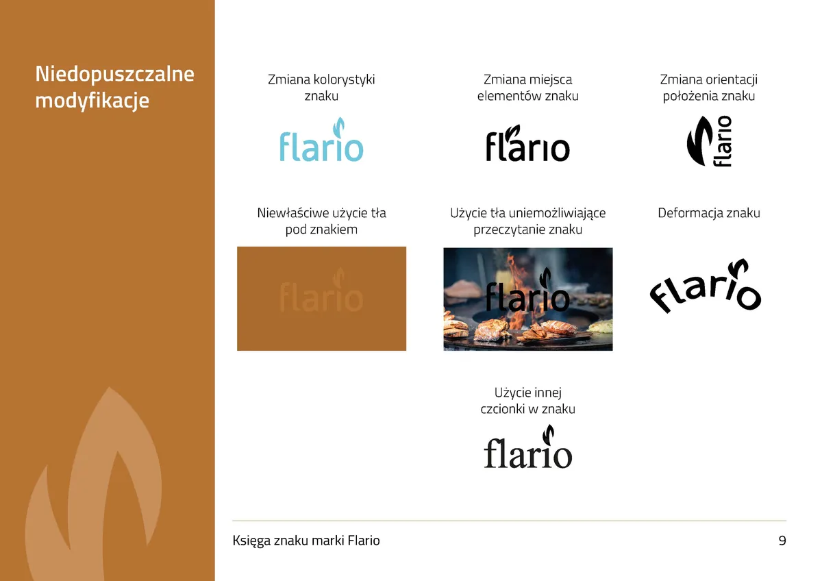 Flario: niedopuszczalne modyfikacje znaku, zmiana koloru, układu i orientacji, deformacja, inna czcionka i nieczytelne tło