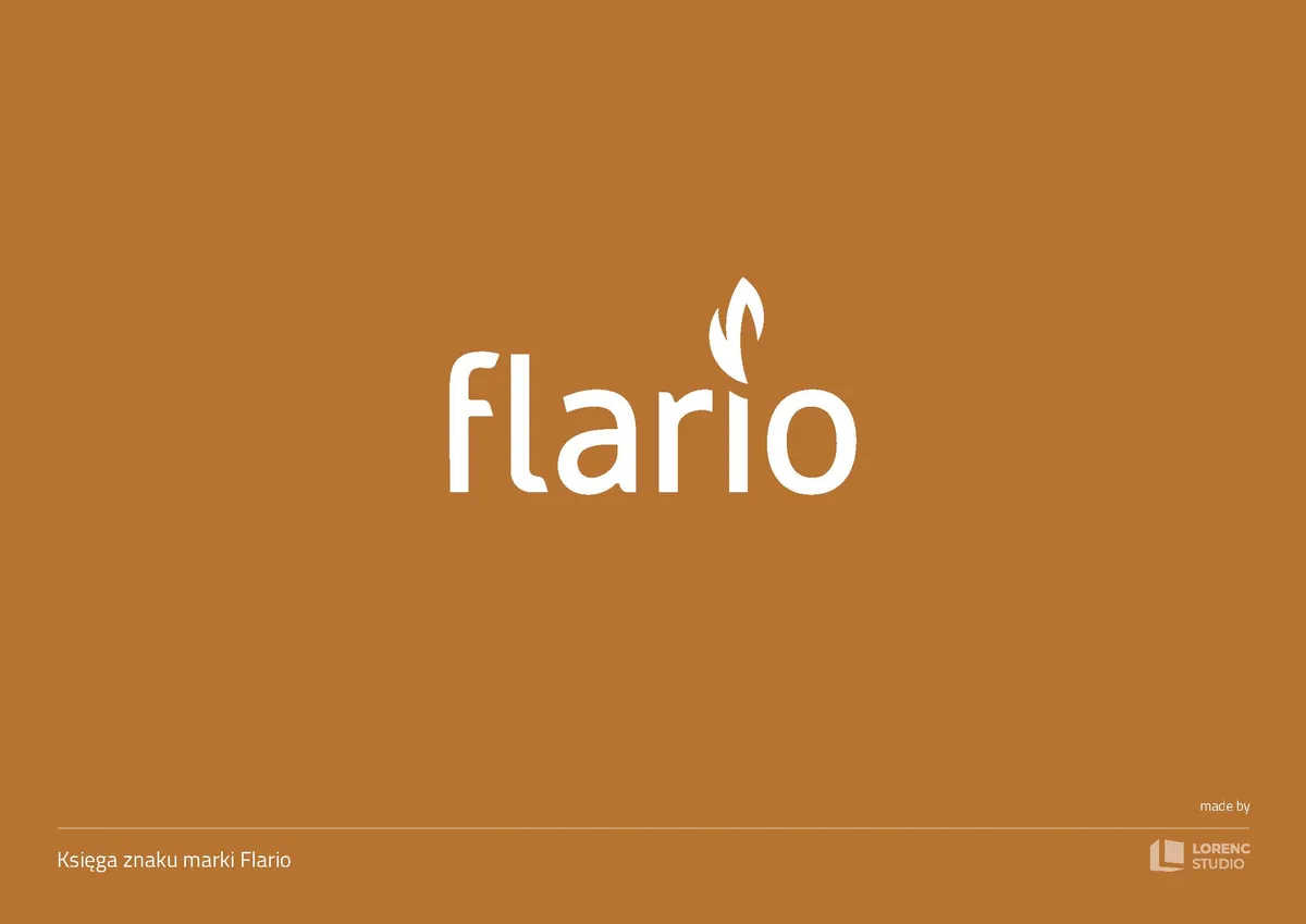 Flario: back cover of the guidelines, white flario logo on a caramel background and the line made by Lorenc Studio