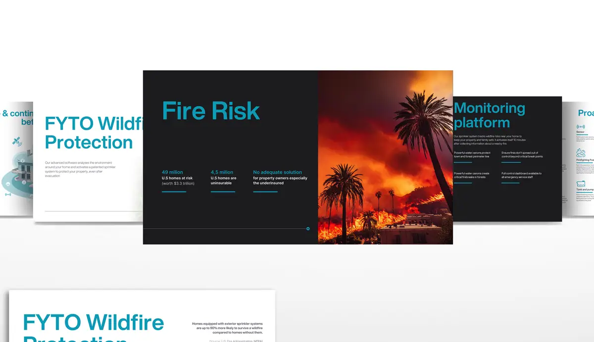 Fyto AI: slajdy pitch decku, w centrum slajd Fire Risk z danymi i zdjęciem pożaru wśród palm