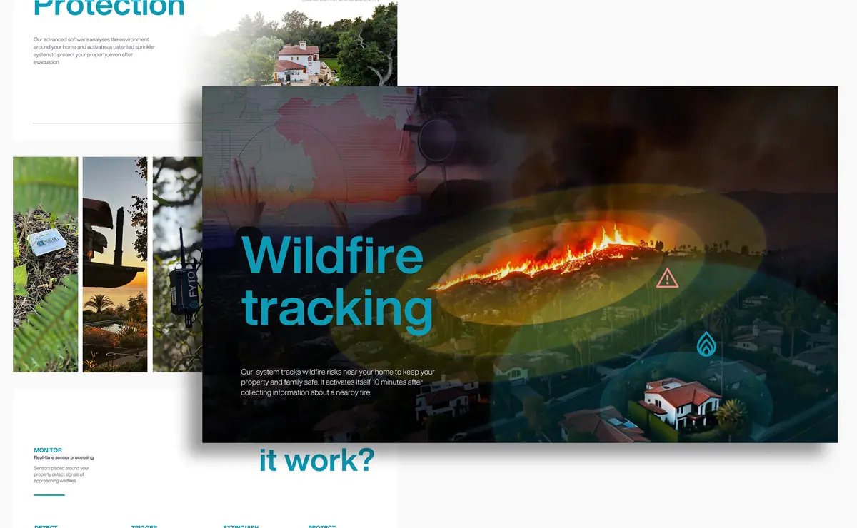 Fyto AI: slajd Wildfire tracking, pożar na wzgórzu i dom w turkusowej strefie ochrony