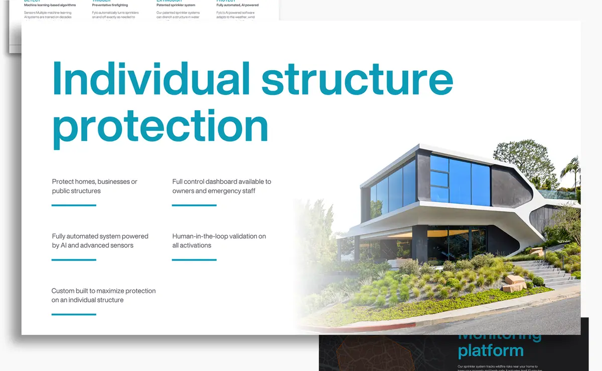 Fyto AI: slajd Individual structure protection z turkusowym nagłówkiem i zdjęciem domu