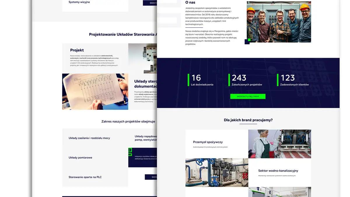 G-Factor: sekcje strony o projektowaniu układów sterowania, z licznikami i branżami klientów