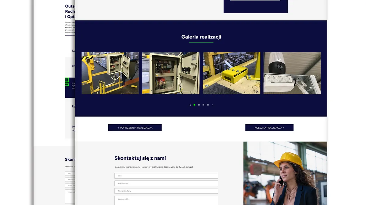 G-Factor: the “Galeria projects” (Project gallery) section with photos of control cabinets and the “Skontaktuj się z nami” (Contact us) form