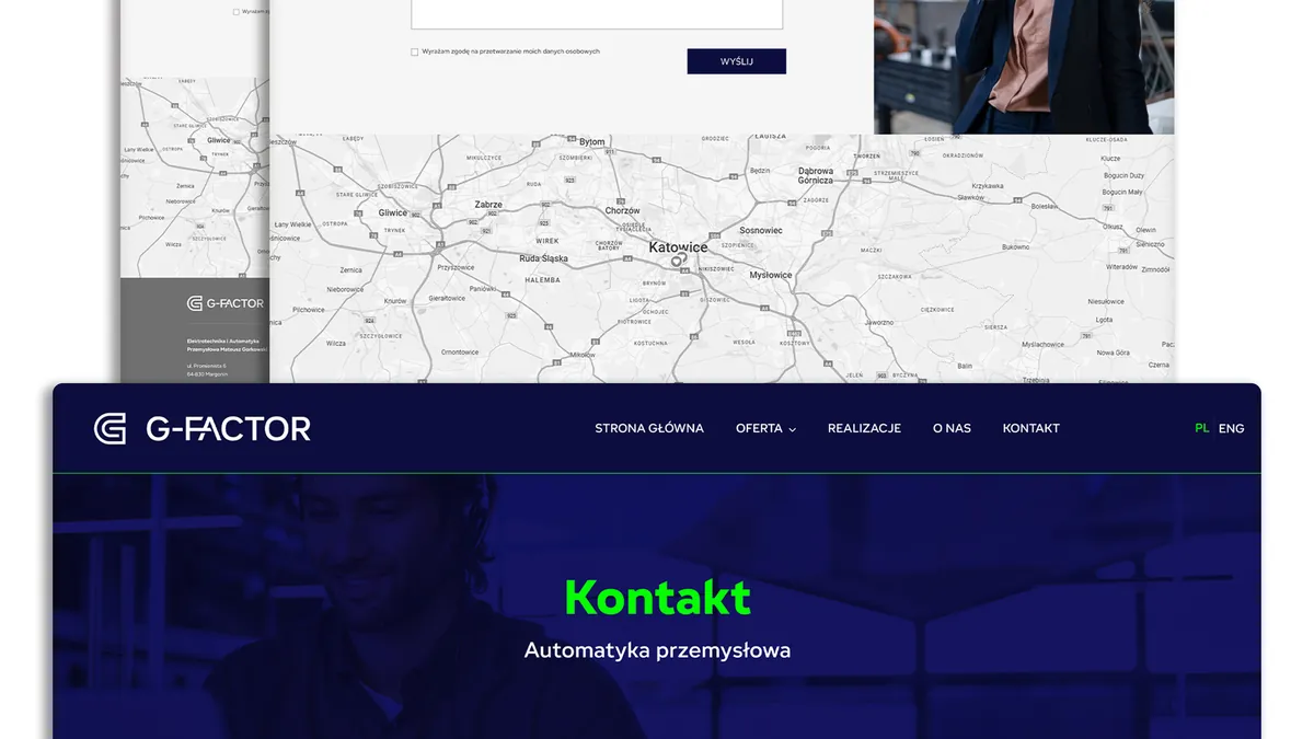 G-Factor: nagłówek podstrony Kontakt z zielonym napisem na granacie, w tle mapa Śląska i formularz
