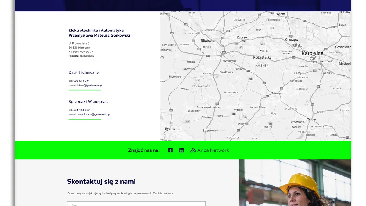 G-Factor: contact details of departments next to a map of the Katowice area and a green bar “Znajdź nas na” (Find us on) with icons